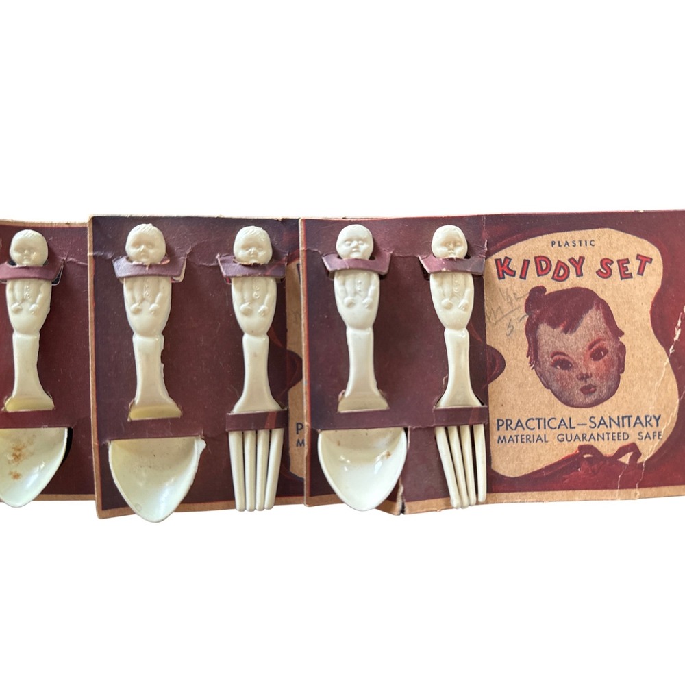 Vintage Kiddy Set Plastic Baby Fork Spoon 3 Sets Figural Doll Handle Mid Century